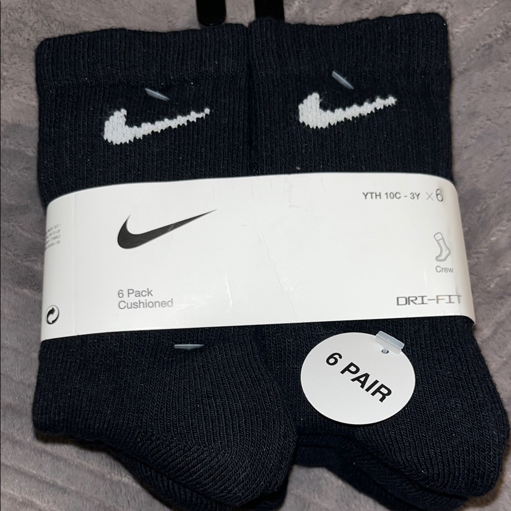Nike Black Crew Socks with White Swoosh - Kids 6-Pack